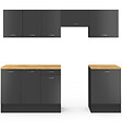 ID MARKET - Cuisine complète 240 cm SUBTIL avec plan de travail 7 éléments noir et plateaux bois - vignette