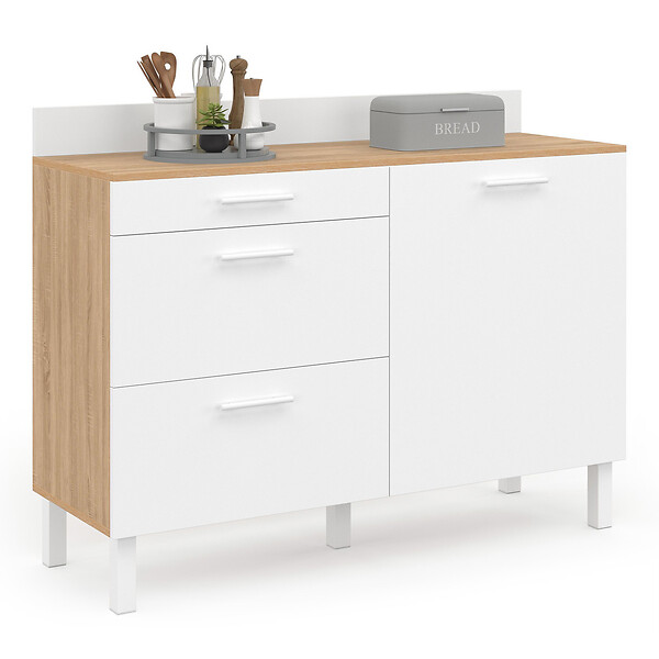 ID MARKET - Buffet bas de cuisine 120 cm casserolier CINA plan de travail H.83 cm 1 porte + 3 tiroirs façon hêtre et blanc - large