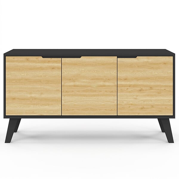 ID MARKET - Buffet bas scandinave 113 cm FINN 3 portes noir et bois façon hêtre - large