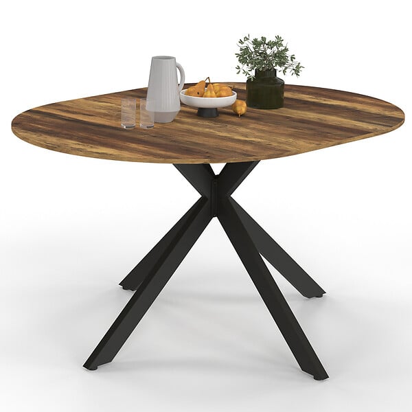 ID MARKET - Table à manger extensible ronde ALIX 4-8 personnes pied araignée noir et plateau bois foncé HAWKINS 110-150 cm - large