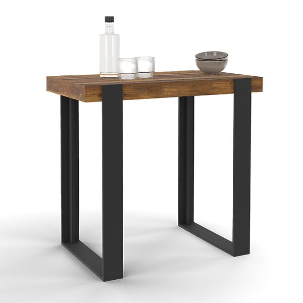 ID MARKET - Table haute de bar PHOENIX bois foncé effet vieilli et noir 90 cm - large