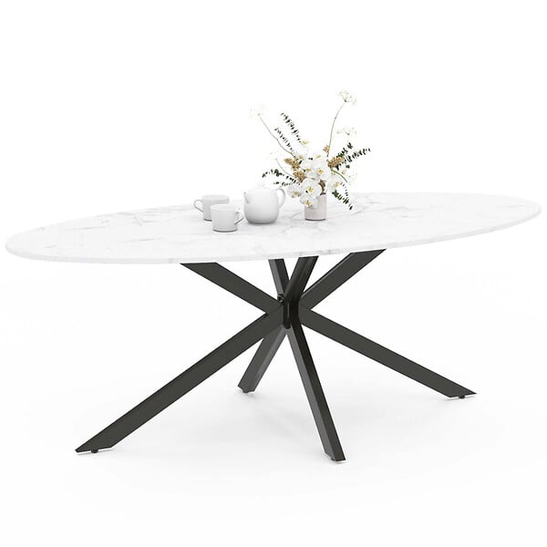 ID MARKET - Table à manger ovale ALIX 10 personnes pied araignée noir et plateau effet marbre blanc ALASKA 200 cm - large