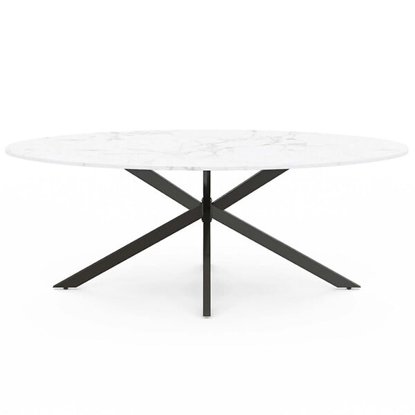 ID MARKET - Table à manger ovale ALIX 10 personnes pied araignée noir et plateau effet marbre blanc ALASKA 200 cm - large