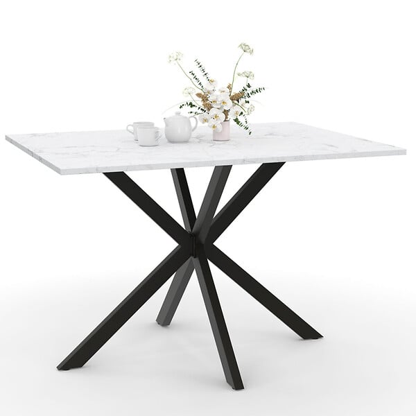 ID MARKET - Table à manger rectangle ALIX 6 personnes pied araignée noir et plateau effet marbre blanc ALASKA 110 cm - large