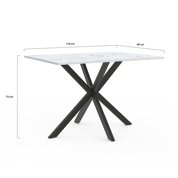 ID MARKET - Table à manger rectangle ALIX 6 personnes pied araignée noir et plateau effet marbre blanc ALASKA 110 cm - large