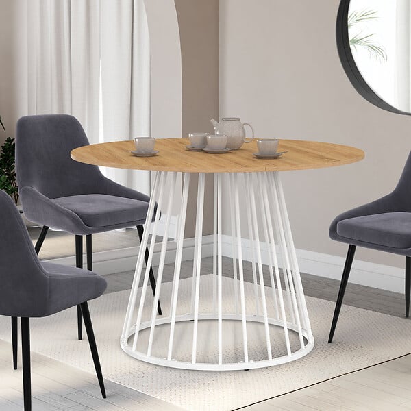 ID MARKET - Table à manger extensible ronde YUNA 4-8 personnes plateau bois et pied filaire en métal blanc 110 - 150 cm - large