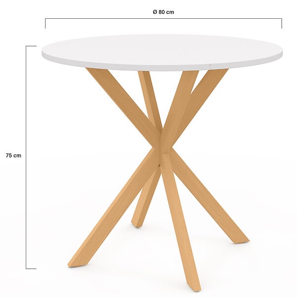 ID MARKET - Table à manger ronde ALIX 4 personnes pied araignée bois et plateau blanc GISELE 80 cm - large