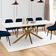 ID MARKET - Table à manger extensible rectangle ALIX 6-10 personnes pied araignée laiton plateau effet marbre doré ALASKA 160 - 200 cm - vignette