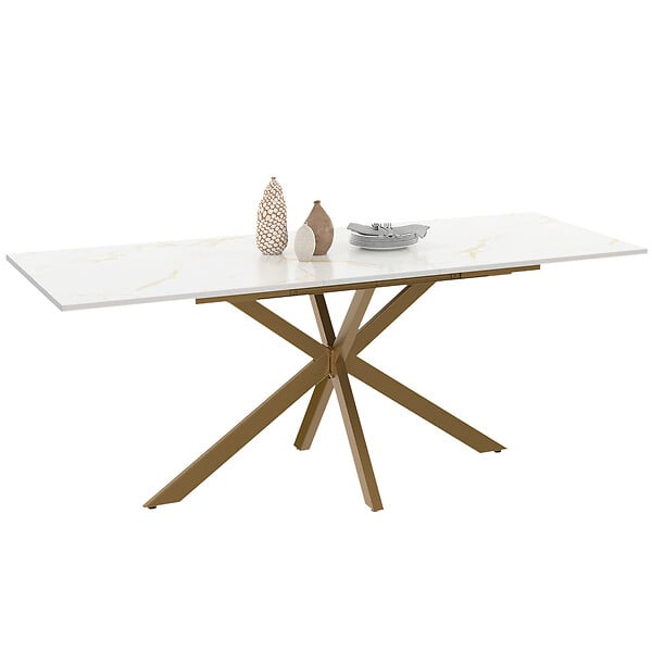 ID MARKET - Table à manger extensible rectangle ALIX 6-10 personnes pied araignée laiton plateau effet marbre doré ALASKA 160 - 200 cm - large