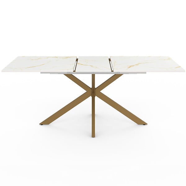 ID MARKET - Table à manger extensible rectangle ALIX 6-10 personnes pied araignée laiton plateau effet marbre doré ALASKA 160 - 200 cm - large