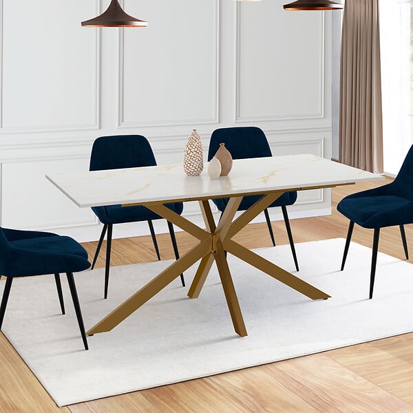 ID MARKET - Table à manger extensible rectangle ALIX 6-10 personnes pied araignée laiton plateau effet marbre doré ALASKA 160 - 200 cm - large