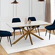 ID MARKET - Table à manger extensible rectangle ALIX 6-10 personnes pied araignée laiton plateau effet marbre doré ALASKA 160 - 200 cm - vignette