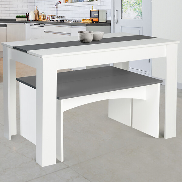 ID MARKET - Ensemble table à manger et 2 bancs ROZY 4 personnes blanc et gris 110 cm - large