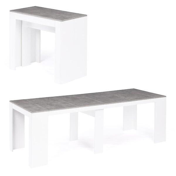 ID MARKET - Table console extensible ORLANDO 10 personnes 235 cm bois blanc et effet  béton - large
