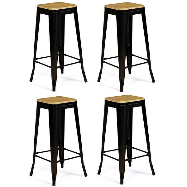 ID MARKET - Lot de 4 tabourets de bar LENY métal noir mat assise bois empilable aspect brut factory - large