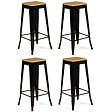 ID MARKET - Lot de 4 tabourets de bar LENY métal noir mat assise bois empilable aspect brut factory - vignette