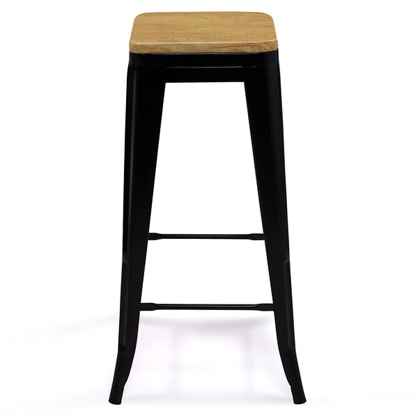 ID MARKET - Lot de 4 tabourets de bar LENY métal noir mat assise bois empilable aspect brut factory - large