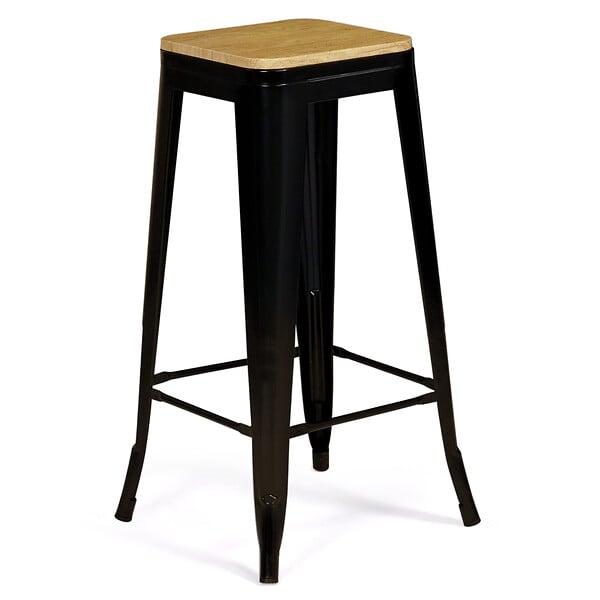ID MARKET - Lot de 4 tabourets de bar LENY métal noir mat assise bois empilable aspect brut factory - large
