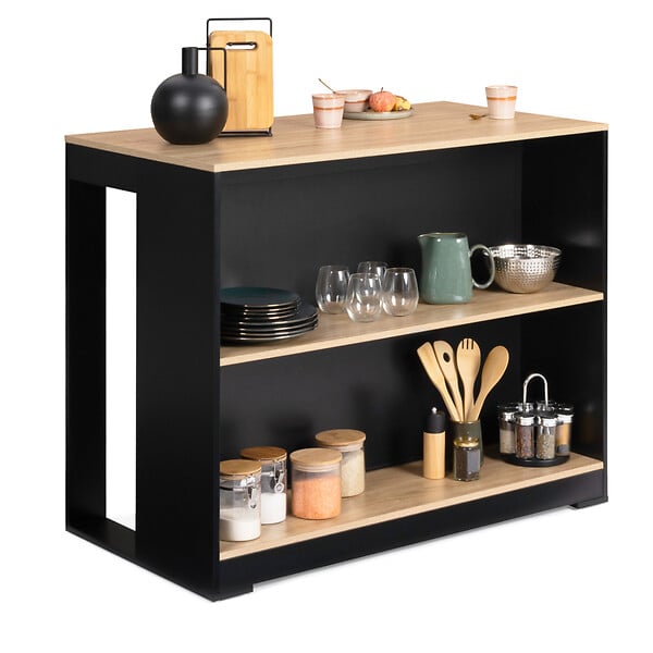 ID MARKET - Table de bar îlot JUNO bois noir et plateau façon hêtre - large