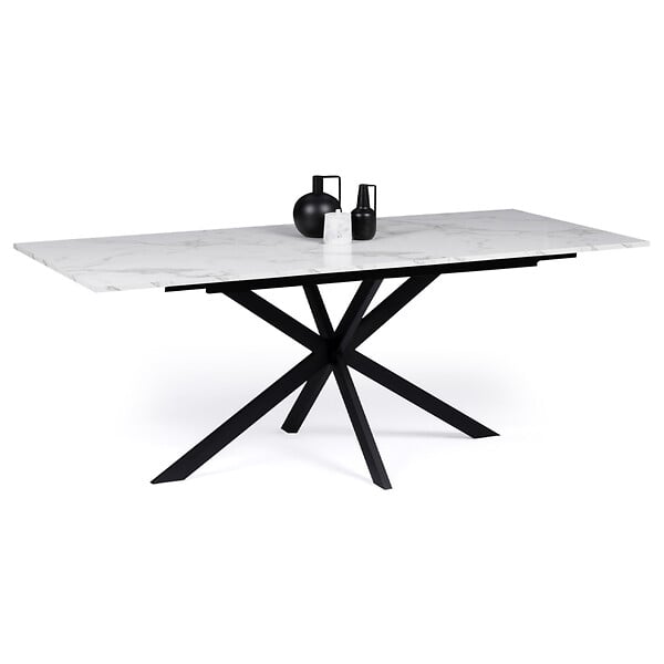 ID MARKET - Table à manger extensible rectangle ALIX 6-10 personnes pied araignée noir plateau effet marbre blanc ALASKA 160-200 cm - large