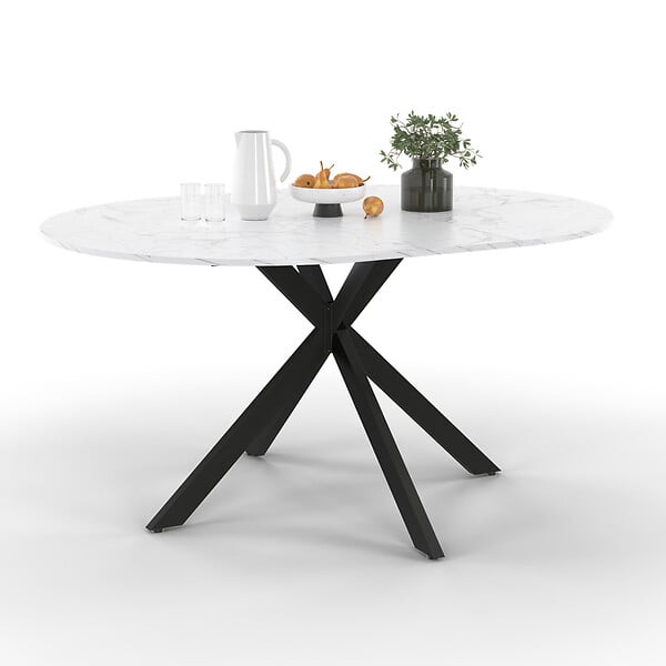ID MARKET - Table à manger extensible ronde ALIX 4-8 personnes pied araignée noir plateau effet marbre blanc ALASKA 110-150 cm - large