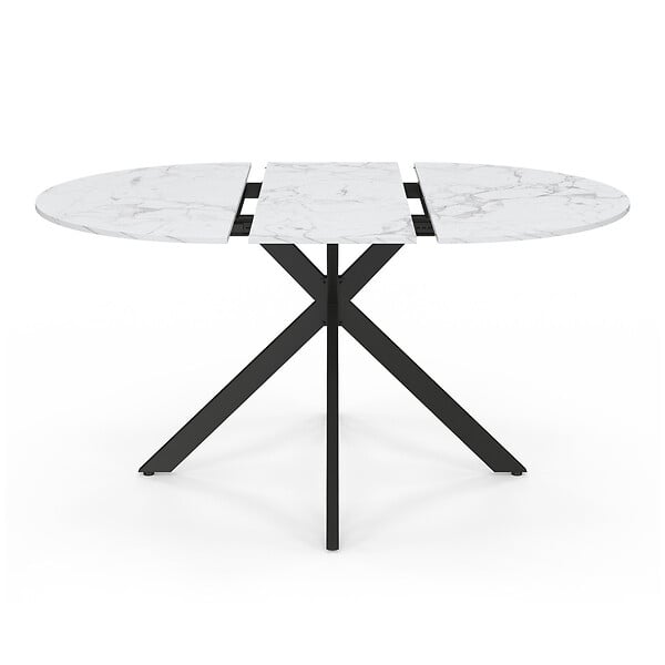 ID MARKET - Table à manger extensible ronde ALIX 4-8 personnes pied araignée noir plateau effet marbre blanc ALASKA 110-150 cm - large