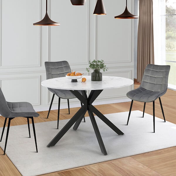 ID MARKET - Table à manger extensible ronde ALIX 4-8 personnes pied araignée noir plateau effet marbre blanc ALASKA 110-150 cm - large