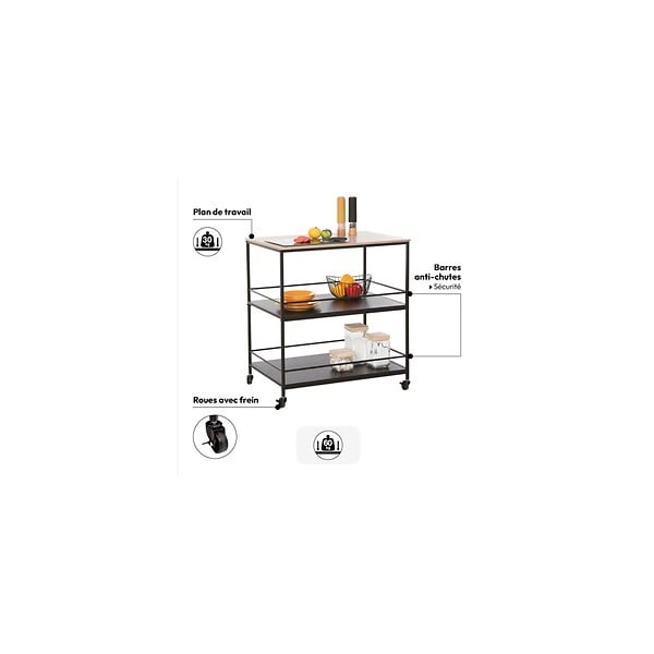 5 FIVE SIMPLY SMART - Desserte roulante grand modèle Effet chêne naturel et Métal noir L 80 cm - large