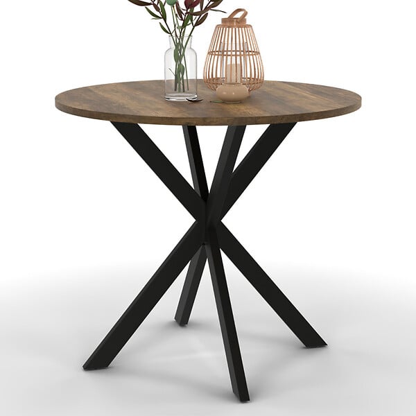 ID MARKET - Table à manger ronde ALIX 4 personnes pied araignée noir et plateau bois foncé HAWKINS 80 cm - large