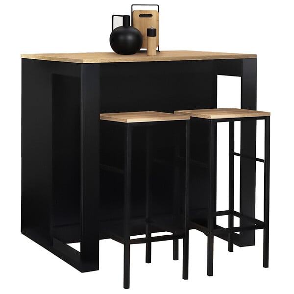 ID MARKET - Ensemble table de bar îlot JUNO bois noir avec plateau façon hêtre et 2 tabourets de bar DETROIT - large