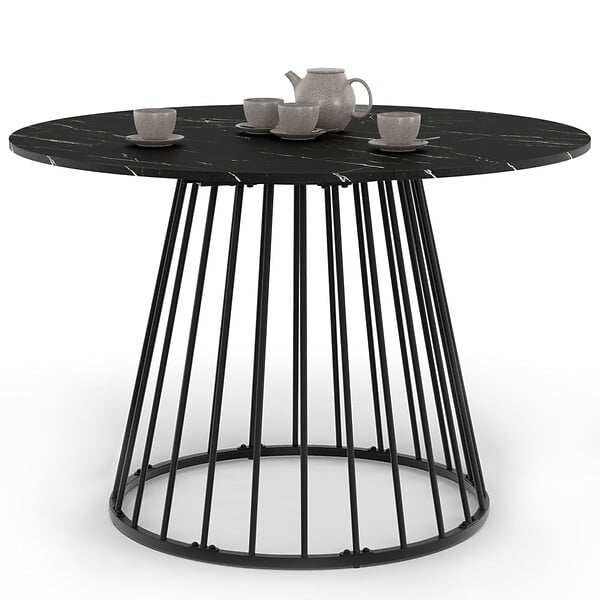 ID MARKET - Table à manger ronde YUNA 6 personnes plateau effet marbre noir ALASKA et pied filaire en métal noir 110 cm - large