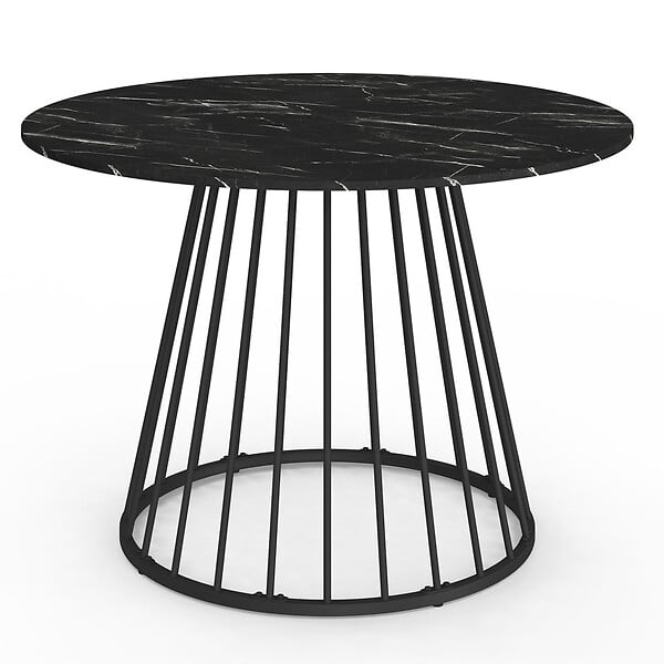 ID MARKET - Table à manger ronde YUNA 6 personnes plateau effet marbre noir ALASKA et pied filaire en métal noir 110 cm - large