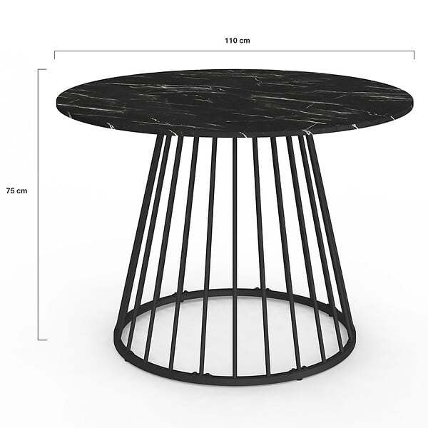 ID MARKET - Table à manger ronde YUNA 6 personnes plateau effet marbre noir ALASKA et pied filaire en métal noir 110 cm - large