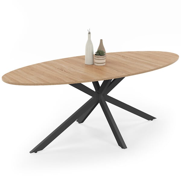 ID MARKET - Table à manger ovale ALIX 10 personnes pied araignée bois et noir 200 cm - large