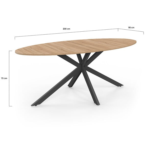 ID MARKET - Table à manger ovale ALIX 10 personnes pied araignée bois et noir 200 cm - large