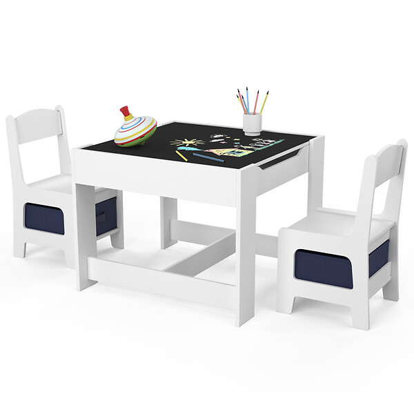ID MARKET - Table à dessin reversible + 2 chaises GABRIEL blanc avec bacs de rangement - large