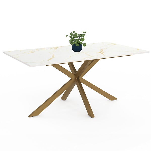 ID MARKET - Table à manger rectangle ALIX 8 personnes pied araignée laiton et plateau effet marbre doré ALASKA 160 cm - large