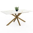 ID MARKET - Table à manger rectangle ALIX 8 personnes pied araignée laiton et plateau effet marbre doré ALASKA 160 cm - vignette