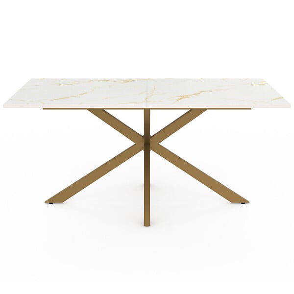 ID MARKET - Table à manger rectangle ALIX 8 personnes pied araignée laiton et plateau effet marbre doré ALASKA 160 cm - large
