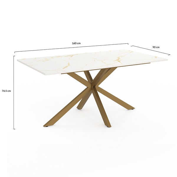 ID MARKET - Table à manger rectangle ALIX 8 personnes pied araignée laiton et plateau effet marbre doré ALASKA 160 cm - large