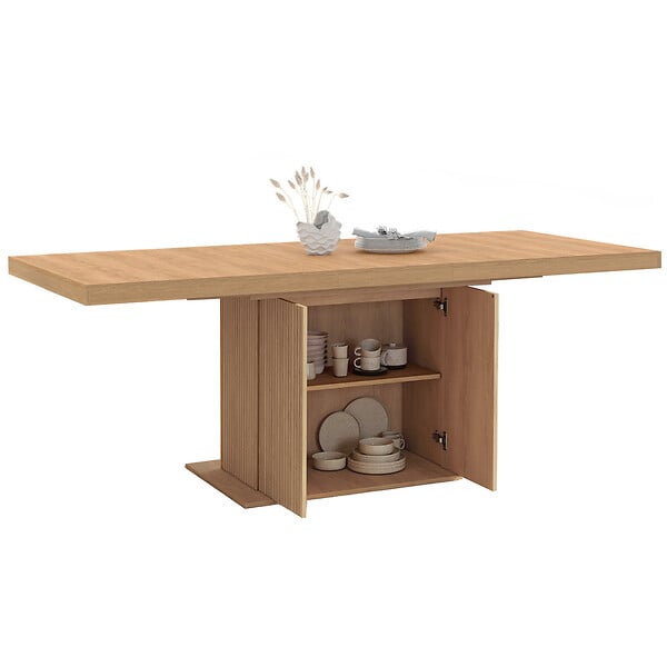 ID MARKET - Table à manger extensible rectangle JULIETTE 6-10 personnes pied central effet lattes avec rangement 160-200 cm - large