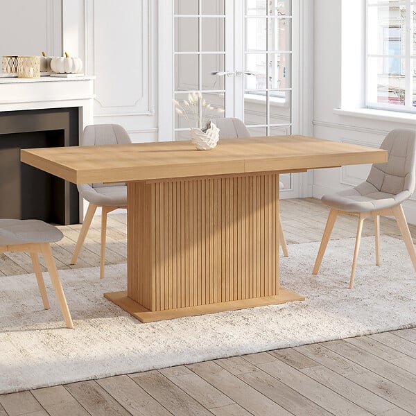 ID MARKET - Table à manger extensible rectangle JULIETTE 6-10 personnes pied central effet lattes avec rangement 160-200 cm - large
