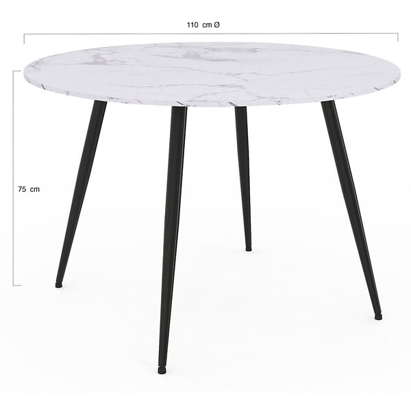 ID MARKET - Table à manger ronde AMELIA 4 personnes effet marbre blanc ALASKA pieds métal noir 110 cm - large