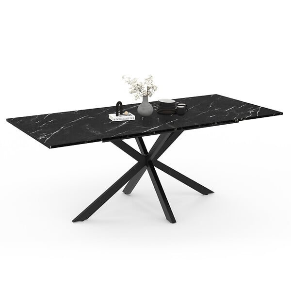 ID MARKET - Table à manger extensible rectangle ALIX 6-10 personnes pied araignée noir et plateau effet marbre noir ALASKA 160-200 cm - large