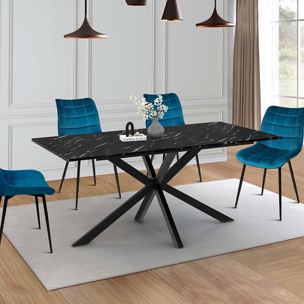 ID MARKET - Table à manger extensible rectangle ALIX 6-10 personnes pied araignée noir et plateau effet marbre noir ALASKA 160-200 cm - large