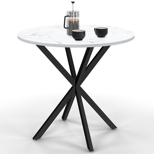 ID MARKET - Table à manger ronde ALIX 4 personnes pied araignée noir plateau effet marbre blanc ALASKA 80 cm - large