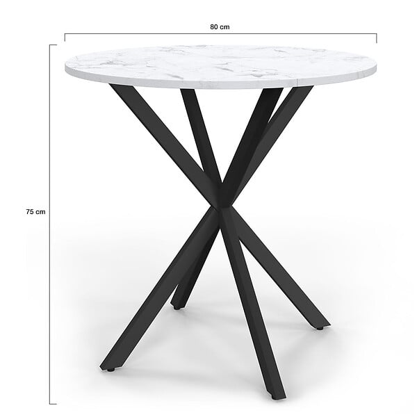 ID MARKET - Table à manger ronde ALIX 4 personnes pied araignée noir plateau effet marbre blanc ALASKA 80 cm - large