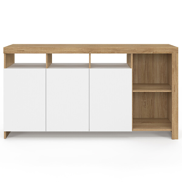 ID MARKET - Buffet 140 cm MALO bois façon hêtre et portes blanches - large