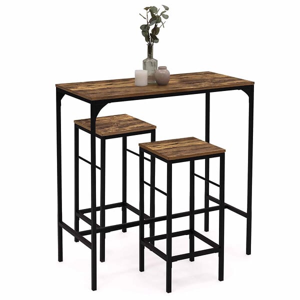 ID MARKET - Ensemble table haute de bar DAYTON 95 cm et 2 tabourets effet vieilli design industriel - large