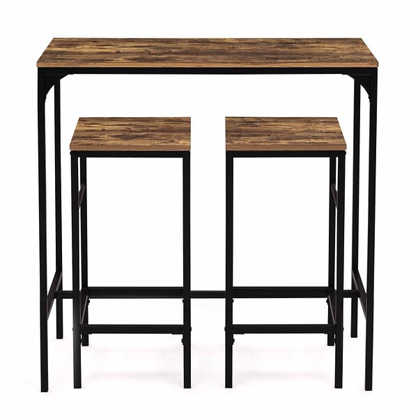ID MARKET - Ensemble table haute de bar DAYTON 95 cm et 2 tabourets effet vieilli design industriel - large